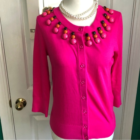 Kate Spade Rio De Janiero Embellished Beaded Cardigan Hot Pink S - Picture 1 of 8